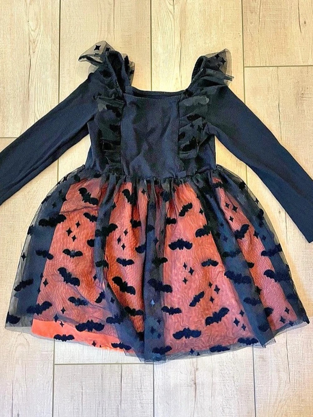 Cat & Jack Toddler 5T Girls' Halloween Bat Orange Black Long Sleeve Tulle Dress